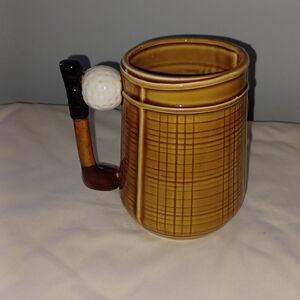 Vinta ge Lefton Ceramic Golf Mug With Bag, Ball & Club Gold brown Ivory 28oz 6"